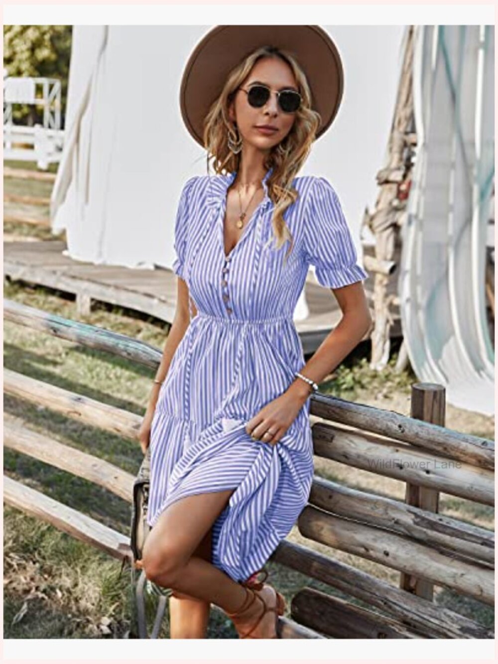 Women's Summer Ruffle Puff Sleeve V-Neck High Waist Midi Striped Dress - Picture 2 of 7